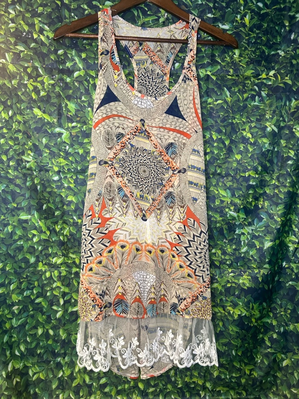 Multicolor Printed Racerback Tank with Lace Hem